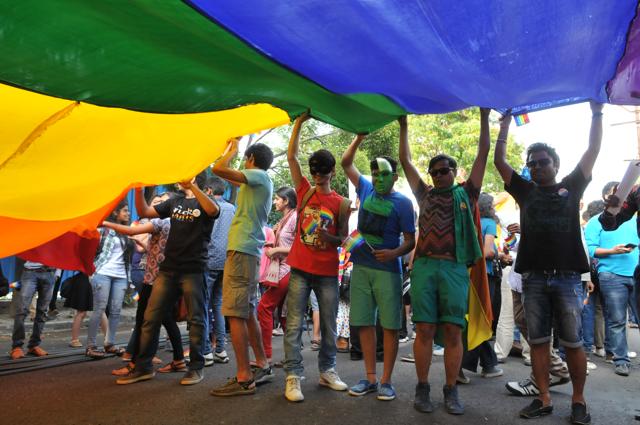 LGBT community member along with supports waveing Rainbow flag during central India`s first pride parade taken out to mark the International day against Homophobia and Transphobia in Bhopal. (Mujeeb Faruqui/HT Photo) LGBT community member along with supports waveing Rainbow flag during central India`s first pride parade taken out to mark the International day against Homophobia and Transphobia in Bhopal. (Mujeeb Faruqui/HT Photo)