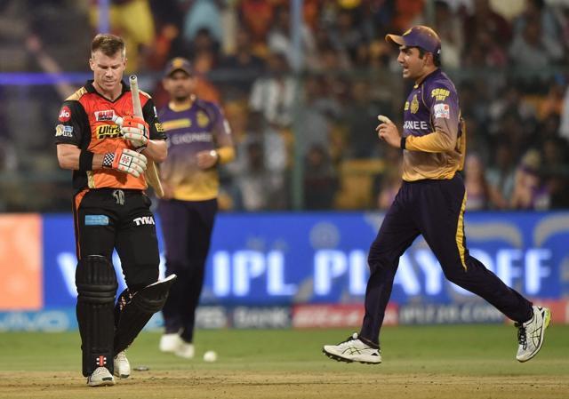 Kolkata Knight Riders Skipper Gautam Gambhir celebrate the wicket of David Warner at Chinnaswamy Stadium in Bangalore on Wednesday. (PTI) Kolkata Knight Riders Skipper Gautam Gambhir celebrate the wicket of David Warner at Chinnaswamy Stadium in Bangalore on Wednesday. (PTI)