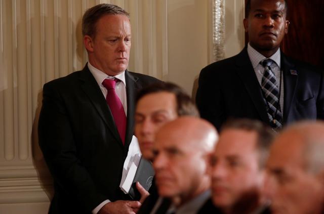 Sean Spicer attends a joint news conference held by Donald Trump and Colombian President Juan Manuel Santos at the White House. (Reuters Photo) Sean Spicer attends a joint news conference held by Donald Trump and Colombian President Juan Manuel Santos at the White House. (Reuters Photo)