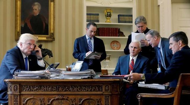 Donald Trump, joined by chief of staff Reince Priebus, vice-president Mike Pence, speaks on phone with Russian President Vladimir Putin in the Oval Office at the White House. (Reuters File Photo) Donald Trump, joined by chief of staff Reince Priebus, vice-president Mike Pence, speaks on phone with Russian President Vladimir Putin in the Oval Office at the White House. (Reuters File Photo)