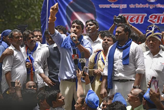 Chandrashekhar, founder of Bhim Army, during a protest at Jantar-Mantar in New Delhi on Sunday. (Ravi Choudhary/HT PHOTO) Chandrashekhar, founder of Bhim Army, during a protest at Jantar-Mantar in New Delhi on Sunday. (Ravi Choudhary/HT PHOTO)