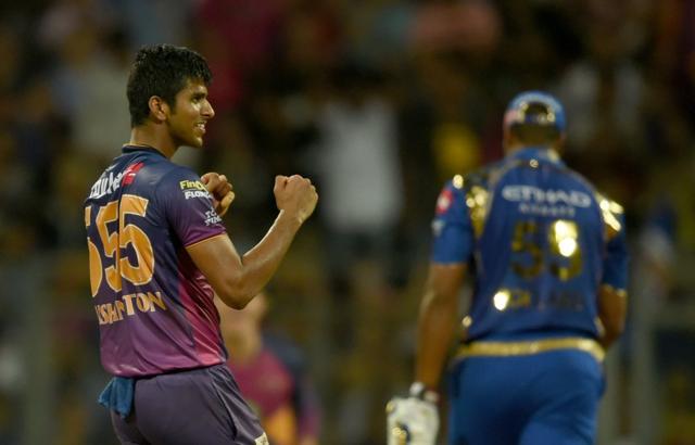 Rising Pune Supergiant’s Washington Sundar celebrates after the dismissal of Mumbai Indians batsman Kieron Pollard during the IPL 2017 qualifier in Mumbai on May 16. (AFP) Rising Pune Supergiant’s Washington Sundar celebrates after the dismissal of Mumbai Indians batsman Kieron Pollard during the IPL 2017 qualifier in Mumbai on May 16. (AFP)