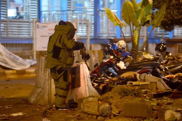 An Indonesian bomb squad police officer checks for other explosive devices at the Kampung Melayu bus terminal in Jakarta. (AFP) An Indonesian bomb squad police officer checks for other explosive devices at the Kampung Melayu bus terminal in Jakarta. (AFP)