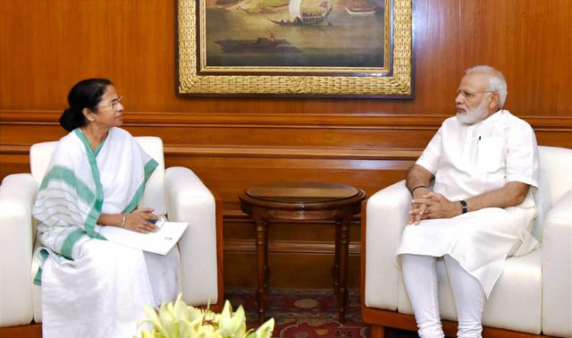 Prime Minister Narendra Modi during his meeting with West Bengal chief minister Mamata Banerjee in New Delhi on Thursday. (PTI)