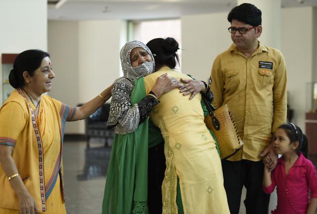 Uzma Ahmed, who returned from Pakistan, hugs her mother during a meeting with external affairs minister Sushma Swaraj while her brother and her girl look on in New Delhi on Thursday. (Arvind Yadav/HT PHOTO) Uzma Ahmed, who returned from Pakistan, hugs her mother during a meeting with external affairs minister Sushma Swaraj while her brother and her girl look on in New Delhi on Thursday. (Arvind Yadav/HT PHOTO)