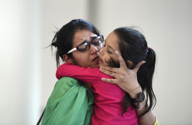 Uzma Ahmed, who returned from Pakistan, hugs her girl ahead of her meeting with external affairs minister Sushma Swaraj in New Delhi on Thursday. (Arvind Yadav/HT PHOTO) Uzma Ahmed, who returned from Pakistan, hugs her girl ahead of her meeting with external affairs minister Sushma Swaraj in New Delhi on Thursday. (Arvind Yadav/HT PHOTO)
