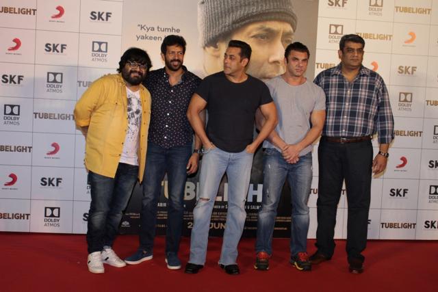 Actors Salman Khan, Sohail Khan, Music director Pritam Chakraborty, filmmaker Kabir Khan and Amar Butala during the trailer launch of film Tubelight in Mumbai, on May 25. (IANS) Actors Salman Khan, Sohail Khan, Music director Pritam Chakraborty, filmmaker Kabir Khan and Amar Butala during the trailer launch of film Tubelight in Mumbai, on May 25. (IANS)