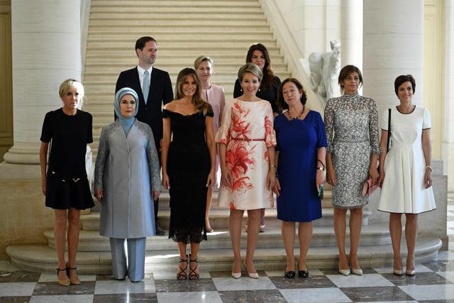 (LtoR) First Lady of France Brigitte Macron, First Lady of Turkey Emine Gulbaran Erdogan, First Lady of the US Melania Trump, Queen Mathilde of Belgium, Stoltenberg's partner Ingrid Schulerud, Partner of Bulgaria's President Desislava Radeva, partner of Charles Michel Amelie Derbaudrenghien, (back row, LtoR) First Gentleman of Luxembourg Gauthier Destenay, partner of Slovenia's Prime Minister Mojca Stropnik and First Lady of Iceland Thora Margret Baldvinsdottir pose for a family photo before a diner of the First Ladies and Queen at the Royal castle in Laken/Laeken, on May 25 in Brussels. (AFP Photo) (LtoR) First Lady of France Brigitte Macron, First Lady of Turkey Emine Gulbaran Erdogan, First Lady of the US Melania Trump, Queen Mathilde of Belgium, Stoltenberg's partner Ingrid Schulerud, Partner of Bulgaria's President Desislava Radeva, partner of Charles Michel Amelie Derbaudrenghien, (back row, LtoR) First Gentleman of Luxembourg Gauthier Destenay, partner of Slovenia's Prime Minister Mojca Stropnik and First Lady of Iceland Thora Margret Baldvinsdottir pose for a family photo before a diner of the First Ladies and Queen at the Royal castle in Laken/Laeken, on May 25 in Brussels. (AFP Photo)