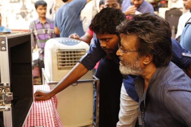 Rajinikanth views his shots on day one of Kaala shoot. Rajinikanth views his shots on day one of Kaala shoot.