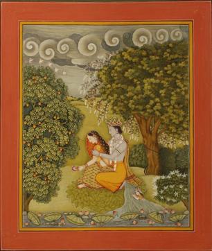 This painting shows Ganga hiding in the feet of Lord Krishna, to escape the wrath of Radha. This painting shows Ganga hiding in the feet of Lord Krishna, to escape the wrath of Radha.
