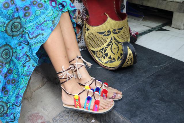 Lace up chappals with pom poms, stone-studded flats and embellished jutis (Price: Rs 250- Rs 1,500) from Vishal Foot Wear, 5082-83, Main Bazar. (Photo credit: Shara Ashraf)