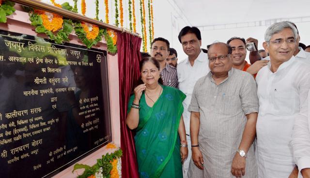 Rajasthan chief minister Vasundhara Raje lays foundation stone for underpass at SMS hospital in Jaipur. (PTI Photo) Rajasthan chief minister Vasundhara Raje lays foundation stone for underpass at SMS hospital in Jaipur. (PTI Photo)