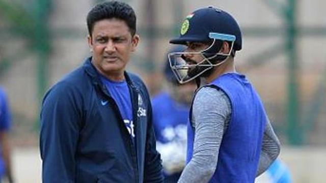Indian Test cricket captain Virat Kohli (C) and head coach Anil Kumble chat during a practice session at the National Cricket Academy (NCA) in Bangalore on July 1, 2016. The Indian team is taking part in a preparatory camp ahead of their their West Indies Test tour. / AFP / MANJUNATH KIRAN (Photo credit should read MANJUNATH KIRAN/AFP/Getty Images) (AFP/Getty Images) Indian Test cricket captain Virat Kohli (C) and head coach Anil Kumble chat during a practice session at the National Cricket Academy (NCA) in Bangalore on July 1, 2016. The Indian team is taking part in a preparatory camp ahead of their their West Indies Test tour. / AFP / MANJUNATH KIRAN (Photo credit should read MANJUNATH KIRAN/AFP/Getty Images) (AFP/Getty Images)