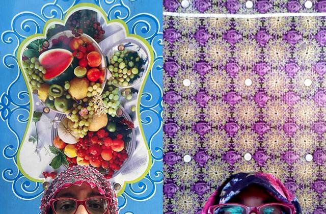 (Left) A full on fruit plate over your head. Fruit motifs are common because they’re associated with breaking a fast and many drivers are Muslim. (Right) Brilliant purple roses peek out of what looks like a basket weave. Imagine this print all over the ceiling and doors. (Rachel Lopez/HT Photo)