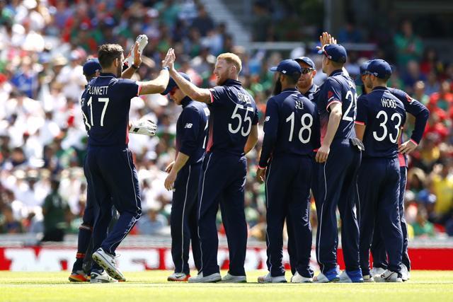 England's Ben Stokes and team mates celebrate taking the wicket of Bangladesh's Soumya Sarkar. (REUTERS) England's Ben Stokes and team mates celebrate taking the wicket of Bangladesh's Soumya Sarkar. (REUTERS)