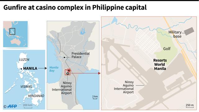 Map locating Manila and the Resorts World Manila where gunfire was reported. (AFP) Map locating Manila and the Resorts World Manila where gunfire was reported. (AFP)