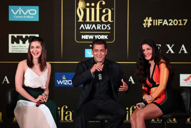 Bollywood actors Salman Khan (C) Katrina Kaif (R) and Alia Bhatt (L) give a press conference on the International Indian Film Academy Awards. (AFP)