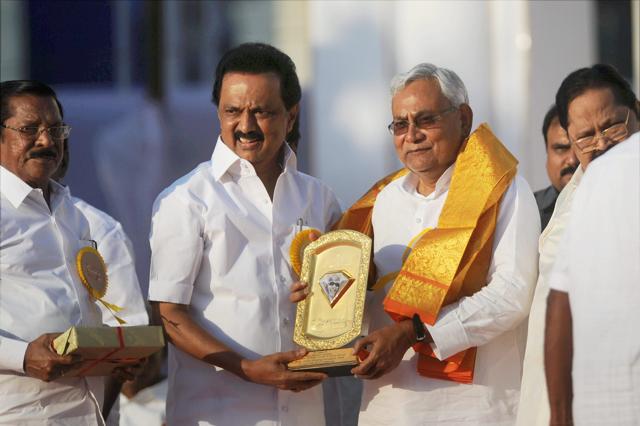 Bihar's chief minister Nitish Kumar felicitated by DMK working president MK Stalin during the 94th birthday celebrations of DMK president M Karunanidhi in Chennai on Saturday. (PTI) Bihar's chief minister Nitish Kumar felicitated by DMK working president MK Stalin during the 94th birthday celebrations of DMK president M Karunanidhi in Chennai on Saturday. (PTI)