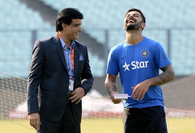 Virat Kohli and former captain Saurav Ganguly share a light moment during a training session at the Eden Gardens in Kolkata on March 18, 2016. (AFP/Getty Images) Virat Kohli and former captain Saurav Ganguly share a light moment during a training session at the Eden Gardens in Kolkata on March 18, 2016. (AFP/Getty Images)
