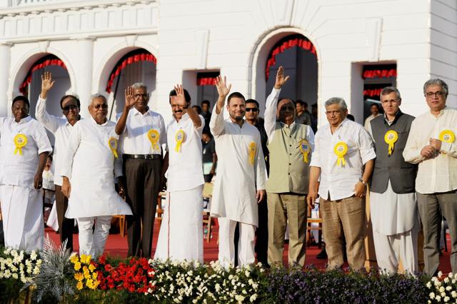 Rahul Gandhi, Nitish Kumar, Omar Abdullah, Sitaram Yechuri, Derek O'brien, D Raja and MK Stalin along with other leaders during the 94th birthday celebrations of DMK president M Karunanidhi in Chennai. (PTI) Rahul Gandhi, Nitish Kumar, Omar Abdullah, Sitaram Yechuri, Derek O'brien, D Raja and MK Stalin along with other leaders during the 94th birthday celebrations of DMK president M Karunanidhi in Chennai. (PTI)