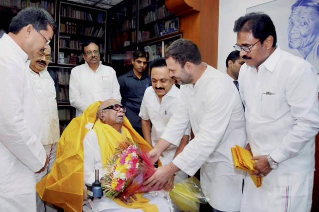 Congress vice-president Rahul Gandhi greets DMK chief M Karunanidhi on his 94th birthday at his Gopalapuram residence in Chennai on Sunday. (PTI) Congress vice-president Rahul Gandhi greets DMK chief M Karunanidhi on his 94th birthday at his Gopalapuram residence in Chennai on Sunday. (PTI)
