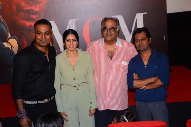 Actors Sridevi, Nawazuddin Siddiqui and producer Boney Kapoor during the trailer launch of their upcoming film Mom in Mumbai. (IANS) Actors Sridevi, Nawazuddin Siddiqui and producer Boney Kapoor during the trailer launch of their upcoming film Mom in Mumbai. (IANS)