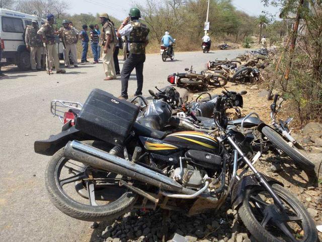 Bikes damaged in a clash between farmers and police in Neemuch on Monday. (HT Photo)