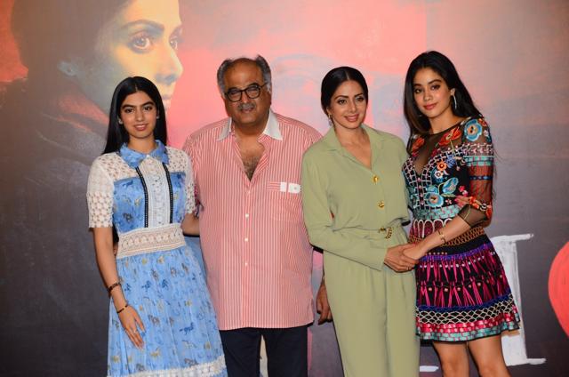 Sridevi and producer Boney Kapoor along with their daughter Khushi Kapoor and Jahnavi Kapoor during the trailer launch of Mom. (IANS) Sridevi and producer Boney Kapoor along with their daughter Khushi Kapoor and Jahnavi Kapoor during the trailer launch of Mom. (IANS)