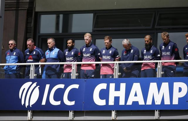 England players observe a minutes silence in tribute to the victims of Saturday nights attack in London. (REUTERS) England players observe a minutes silence in tribute to the victims of Saturday nights attack in London. (REUTERS)
