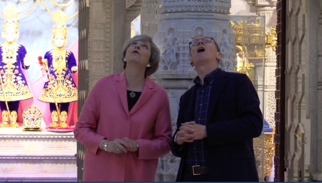 Prime Minister Theresa May and her husband Philip May at the BAPS Shri Swaminarayan temple in northwest London. (HT Photo) Prime Minister Theresa May and her husband Philip May at the BAPS Shri Swaminarayan temple in northwest London. (HT Photo)