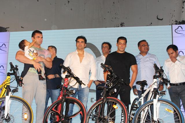 Salman Khan, Sohail Khan, Arbaaz Khan and Ahil during the launch of Being Human electric bicycles in Mumbai on June 5. (IANS) Salman Khan, Sohail Khan, Arbaaz Khan and Ahil during the launch of Being Human electric bicycles in Mumbai on June 5. (IANS)