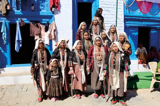 A group of women in traditional festive attire in Sosa village, Pithoragarh district, Kumaon. (Anup Sah) A group of women in traditional festive attire in Sosa village, Pithoragarh district, Kumaon. (Anup Sah)