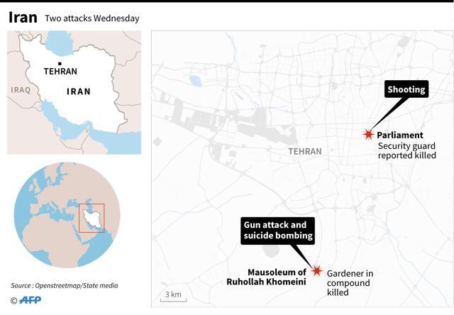Map of Iran showing the two locations - the parliament complex and a mausoleum - where attacks are underway. (AFP Photo) Map of Iran showing the two locations - the parliament complex and a mausoleum - where attacks are underway. (AFP Photo)
