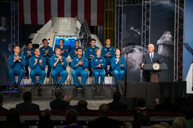 US Vice-President Mike Pence speaks at an event where NASA introduced 12 new astronaut candidates, including Indian American Raji Chari (front row, 4th from left) at NASA’s Johnson Space Center in Houston, Texas. (REUTERS)