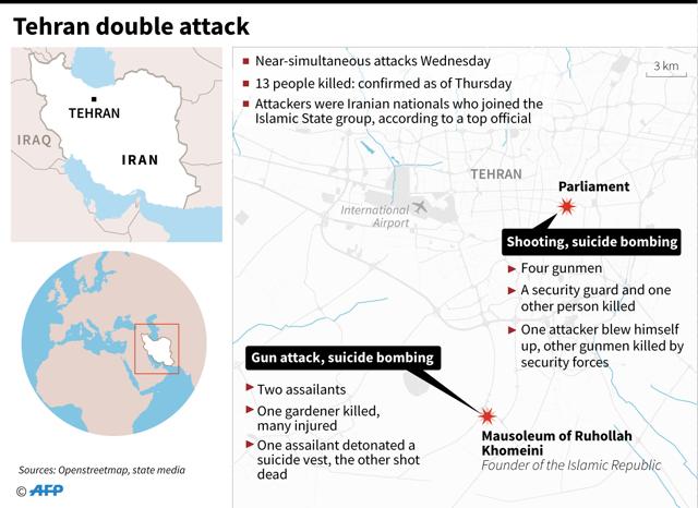 Map Tehran locating the Parliament and Ruhollah Khomeini's mausoleum. (AFP) Map Tehran locating the Parliament and Ruhollah Khomeini's mausoleum. (AFP)