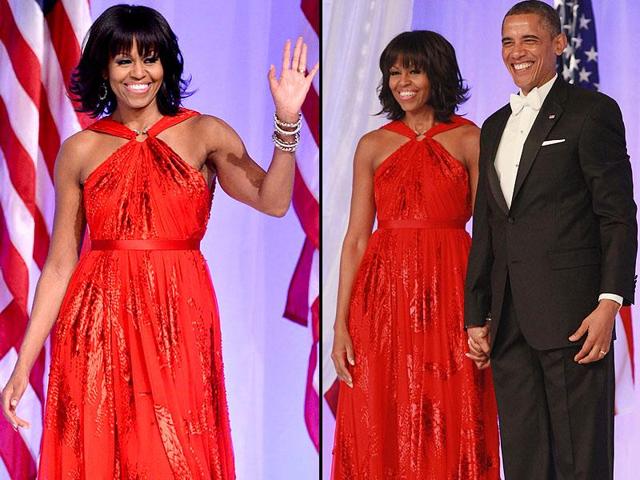 Here, she wears a chiffon–and-velvet Jason Wu gown at the Inaugural Ball in Washington DC on January 21, 2013.