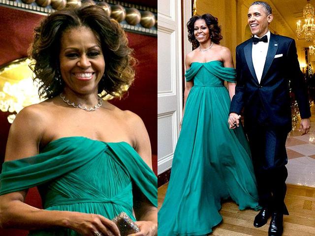 Her stunning off-the-shoulder gown at the Kennedy Centers Honor Gala, 2013 is Marchesa.
