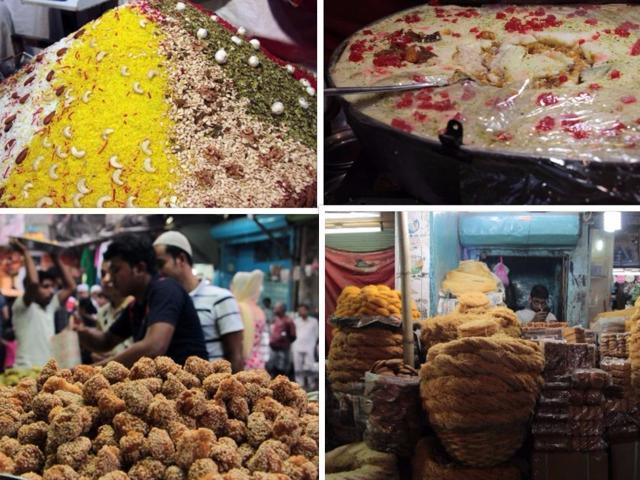(Clockwise) Dry-fruit mixture, shahi tukda, feni, andarse ki goliya. (Shivam Saxena/ HT Photo) (Clockwise) Dry-fruit mixture, shahi tukda, feni, andarse ki goliya. (Shivam Saxena/ HT Photo)