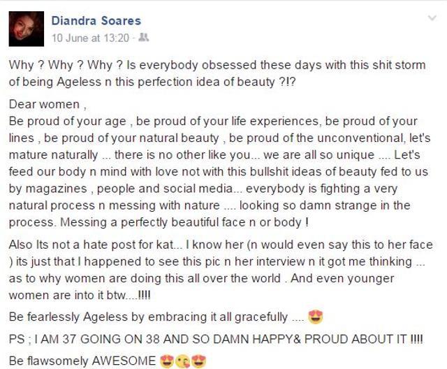 Diandra Soares had put this message on her Facebook wall, which is now hidden, under privacy settings.