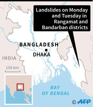 Map of Bangladesh showing the area where landslides hit on Monday and Tuesday. (AFP) Map of Bangladesh showing the area where landslides hit on Monday and Tuesday. (AFP)