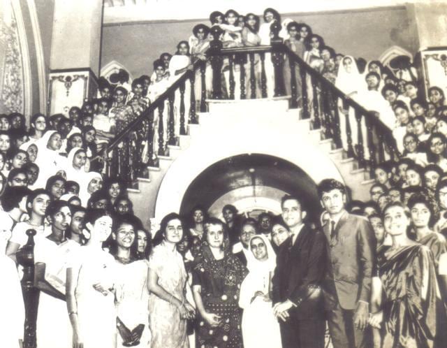 Then Prime Minister Indira Gandhi (centre) at the central staircase during a visit to lay the foundation of the Sophia polytechnic institute, which opened in 1970. Then Prime Minister Indira Gandhi (centre) at the central staircase during a visit to lay the foundation of the Sophia polytechnic institute, which opened in 1970.