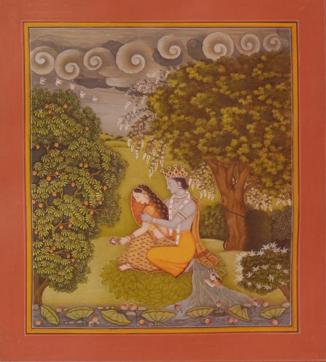 Krishna Mollifying Radha by BL Rajput. It is said that Radha was so upset by Krishna’s fondness for Ganga, that Ganga hid herself under Krishna’s feet in her water form. (Image courtesy: National Museum) Krishna Mollifying Radha by BL Rajput. It is said that Radha was so upset by Krishna’s fondness for Ganga, that Ganga hid herself under Krishna’s feet in her water form. (Image courtesy: National Museum)