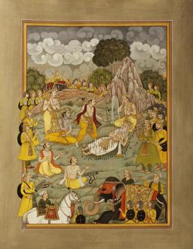 Bhishma on the bed of arrows and Ganga quenching his thirst, by Mohan Soni. (Image courtesy: Mohan Soni) Bhishma on the bed of arrows and Ganga quenching his thirst, by Mohan Soni. (Image courtesy: Mohan Soni)