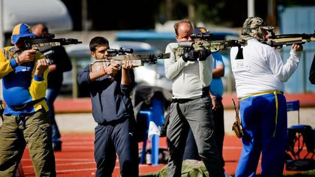 Crossbow shooter Rajat Vij (second from left) at the 2013 world championship in Sweden where India took part for the first time. (Indian Crossbow Shooting Association)