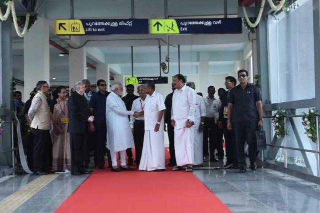 PM Narendra Modi greets Kerala CM Pinarayi Vijayan at the station. During his speech, Modi said that the Kochi Metro Rail Limited is a 50-50 joint venture of the central and state governments. (PIB India) PM Narendra Modi greets Kerala CM Pinarayi Vijayan at the station. During his speech, Modi said that the Kochi Metro Rail Limited is a 50-50 joint venture of the central and state governments. (PIB India)