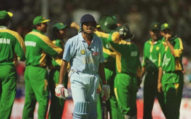 Pakistan players celebrate the wicket of Indian cricket team captain Mohammed Azharuddin during the Pepsi Cup final in Sharjah. (Getty Images) Pakistan players celebrate the wicket of Indian cricket team captain Mohammed Azharuddin during the Pepsi Cup final in Sharjah. (Getty Images)