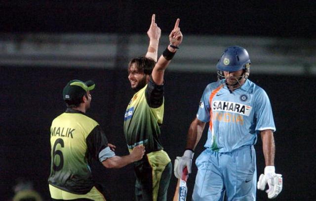 Pakistan cricket team’s Shahid Afridi (C) celebrates the dismissal of Indian cricket team’s Yuvraj Singh (R) during the final at the Sher-e-Bangla Cricket Stadium in Dhaka on June 14, 2008. (Getty Images) Pakistan cricket team’s Shahid Afridi (C) celebrates the dismissal of Indian cricket team’s Yuvraj Singh (R) during the final at the Sher-e-Bangla Cricket Stadium in Dhaka on June 14, 2008. (Getty Images)