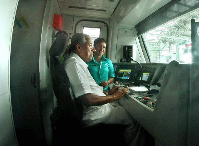 Chief minister Pinarayi Vijayan travels in the driver’s cabin of a Kochi Metro train, in this file photo from June 6. (PTI) Chief minister Pinarayi Vijayan travels in the driver’s cabin of a Kochi Metro train, in this file photo from June 6. (PTI)