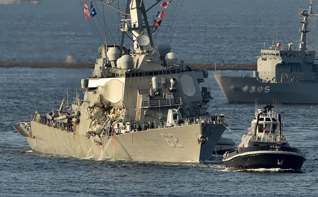 US Navy guided missile destroyer USS Fitzgerald arrves at its mother port US Naval Yokosuka Base, Kanagawa prefecture. (AFP Photo) US Navy guided missile destroyer USS Fitzgerald arrves at its mother port US Naval Yokosuka Base, Kanagawa prefecture. (AFP Photo)