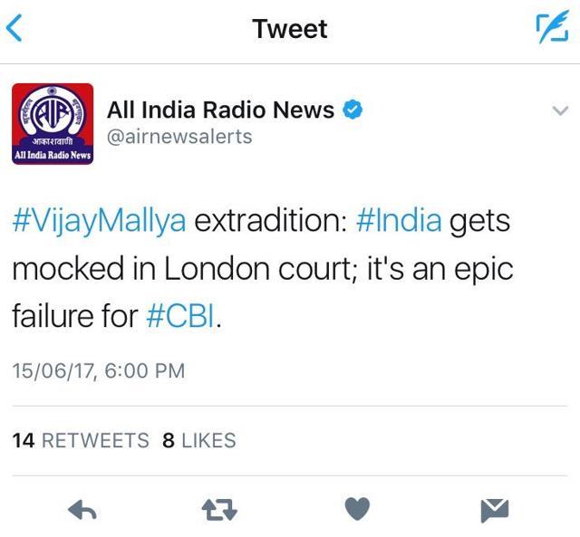 A screenshot of All India Radio’s tweet on Vijay Mallya’s extradition case. A screenshot of All India Radio’s tweet on Vijay Mallya’s extradition case.